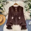 Blusa de gasa con volantes y mangas acampanadas estilo corte francés para mujer, estilo ligero y maduro de verano, entallada a la cintura con lazo, top elegante