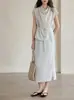 Vestido Conjunto de Top Elegante Francés GINNKE de Acetato Tencel con Cuello Oscilante y Cinturón y Falda de Cintura Alta