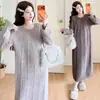 Ropa de maternidad otoño e invierno nuevo estilo vestido de punto trenzado con corbata cuello redondo manga larga suelto cubre el vientre estiliza prenda exterior falda larga