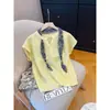 Camiseta de tricô com gola halter e mangas curtas, em seda processada OEM, para mulheres, colete de verão de alta qualidade com pequenas mangas de babado, único e bonito