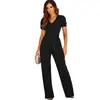 Mono Elegante de Verano 2026 Estilo Nuevo con Cinturón a la Cintura Amazon para Mujer Color Sólido Cuello en V Manga Corta Pantalones de Pierna Ancha