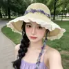 Sombrero de Paja Tejida para Playa con Protección Solar de Verano, Dulce Sombrero de Pescador Floral para Mujer, Ribete de Encaje de Primavera, Estilo Vacacional, Ala Ancha