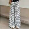 Pantalones Casuales Rayados con Cordón Caídos para Mujer Otoño Versátil Sueltos Adelgazantes de Pierna Ancha