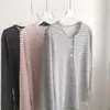 Camiseta de punto Tencel a rayas de manga larga para mujer, fina y holgada para el verano, cuello redondo, camisa para aire acondicionado, top para estudiante