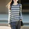 Suéter de punto retro a rayas para mujer, cuello redondo, manga larga, elegante y fino, top de base calado, nuevo modelo de otoño 2026