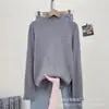 Camiseta básica de punto con cuello semi-alto y volantes estilo coreano para mujer, suéter ajustado de manga larga para otoño e invierno, top versátil de color liso