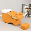 Cama de champú semi-reclinable de color personalizado para salón con lavabo de cerámica engrosado, cama de champú para venta al por mayor transfronteriza con reposapiés