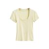 Camiseta Sexy Estilo Americano para Mulheres, Gola U Decotada, Manga Curta, Tecido Stretch, Ajustada, Cor Sólida, Top Base Curto