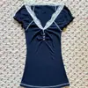Nuevo top simple de verano para mujer, patchwork de encaje azul marino, corte ajustado, sexy, cuello en V, manga corta, camiseta, venta al por mayor