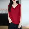 Nuevo Chal de Punto de Lino Irregular con Cuello en V y Perlas Estilo Coreano Color Sólido Simple Versátil Sin Mangas Top para Mujer
