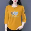 E-commerce Transfronteiriço Comércio Exterior Estilo Mãe Mulheres de Meia-Idade Camiseta de Manga Três Quartos Solta Casual Versátil Camiseta Básica Top