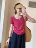 Camiseta Casual Elegante de Manga Curta com Gola Quadrada e Cordões Laterais, Estilo Coreano de Verão, Cor Lisa