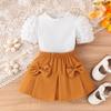 Traje de verano 2024 Amazon para niños, camisa de manga corta abullonada a cuadros con rayas de pozo, falda plisada para niñas