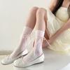 Calcetines blancos estilo ballet con tiras de amor para mujer, de verano, de malla fina, con rizos huecos y tiras verticales, calcetines de pelo de pantorrilla JK.