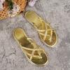 Sandalias Chanclas de Punta Cerrada con Suela Plana Tallas Grandes para Comercio Exterior Europeo y Americano para Mujer Tejidas de Color Sólido con Tira de Dedo para Uso Exterior Playa Wish