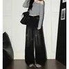 Pantalones Anchos de Pierna Recta con Gradiente Retro Negro y Gris con Pedrería, Cintura Alta y Cordón, Jeans Estilo Callejero Adelgazantes, Pierna Recta Holgada, Largo hasta el Suelo