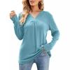 Amazon 2024 Otoño Nuevo Transfronterizo Europeo y Americano Casual Cuello en V Plisado Manga Larga Holgada Camiseta para Mujer Camisa Henley