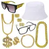 Popular Cadena de Oro Pulsera Hip-Hop Sombrero Negro de Pescador Gafas con Montura de Espejo Anillo de Dólar Conjunto de Vestido de Graduación