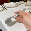 Colher Espessa de Aço Inoxidável Martelado com Cabo Curto, Colher de Chá Doméstica, Colher de Sopa, Acabamento Fosco de Alta Qualidade, Colher de Arroz, Colher Redonda