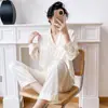 Muzhen Silk 2026 Novo Pijama Acolchoado de Seda Gelada para Mulheres, Conjunto de Manga Longa, Cor Sólida, Gola Reversível, Tamanho Plus, Roupa de Dormir, Fina