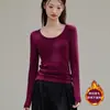 Camiseta Básica de Manga Larga con Cuello Redondo, Polar Fino Cepillado Versátil Eco-Silk de 260g para Mujer, Otoño e Invierno, Top de Hombro Normal