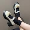 Fivela de laço Round-toe Sapatos de couro pequenos Mulheres 2024 Verão Novo Estilo Britânico Moda All-match Sapatos de salto grosso Mary Jane