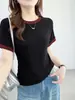Camiseta de Manga Corta con Bloques de Color de Moda para Mujer, Camiseta Básica de Color Sólido Ajustada con Cuello Redondo, Top Popular para Mujer al por Mayor