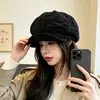 Boina plisada de cuadros con lazo lindo coreano de alta calidad para mujer, estilo otoño, adelgazante de cara, gorra artística de pico de pato hacia adelante