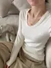 Verano Verano Chica Simple Versátil Cuello Redondo Algodón Acanalado Color Sólido Cepillado Ligero Cálido Ajustado Forma de Huevo Cuello Manga Larga Camiseta Interior para Mujer