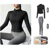 Conjunto de Fitness para Mujer con Forro de Polar, Manga Larga con Agujero para el Pulgar, Chaqueta de Yoga, Cintura Alta, Control de Abdomen, Glúteos de Durazno, Conjunto de Capa Base Deportiva