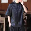Camiseta de manga corta de marca moderna traje Tang para hombre verano seda de hielo nuevo estilo chino cuello jacquard Henley estilo delgado estilo chino Hanfu patrón de dragón