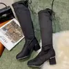 Botas de Moda de Salto Alto Slim Tamanho Plus Size para Mulheres 2025 Outono Novas Botas Altas Elegantes de Salto Grosso com Elástico nas Costas