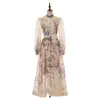 Vestido Largo de Manga Larga con Estampado, Estilo Moda Transfronteriza para Mujer, con Cinturón para Atar, Efecto Adelgazante y Adornos de Pedrería