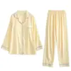 [Directo del Fabricante] Conjunto de Pijama a Cuadros Amarillo Leche Algodón Nube para Mujer, Primavera/Otoño, con Cuello Campana, Mangas Largas de Bloques de Color, Conjunto de Dos Piezas para Estar en Casa