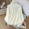 Suéter de Tricô de Veludo Andy Outono/Inverno 2026 Feminino com Botão Torcido Gola Alta Meia Manga Detalhe em Renda Camiseta Básica de Manga Longa para Mulheres