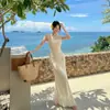 Vestido ajustado bodycon de estilo francés con tirantes plisados para mujer, estilo chic de vacaciones de verano y deseo puro con cuello de solapa, vestido largo