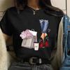 Camiseta de manga curta estampada com padrão europeu e americano de comércio exterior, série Coffee para meninas, camiseta de manga curta da moda