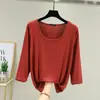 Camiseta de manga tres cuartos para mujer, corte holgado, talla grande, fina, color liso, versátil, top de cuello redondo, modal, principios de otoño