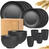 Platos, Tazas y Vajilla Transfronterizos Juego de 16 Piezas Negro Puro Plástico Doméstico Resistente a Caídas Tazones para Cena, Platos, Vasos de Agua y Juegos de Vajilla