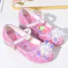Sapatos de Cristal Brilhantes para Crianças, Sapatos de Salto Alto para Meninas, Sapatos de Princesa Kuromi da Moda para Menininhas, Sapatos de Couro para Bebês