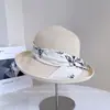 Sombrero de Pescador con Lazo Estampado de Tinta Estilo Chino para Mujer Verano Protección Solar Sombrero de Paja Sombrero de Playa Costero Nuevo Sombrero de Cubeta Estilo Chino