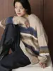 Nueva Colección de Invierno del Louvre Estilo Coreano Retro Perezoso Suave y Esponjoso Suéter de Rayas con Cuello Redondo Top Holgado para Mujer