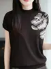 Camisa Básica Jacquard Fashionável de Gola Meia-Alta para Outono Inicial Feminina, Nova Camiseta Estilosa de Manga Curta Estilo 26 para Outono Inicial