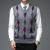 Colete de malha masculino transfronteiriço, roupa masculina casual de negócios, 6% lã, padrão losango jacquard outono e inverno, suéter sem mangas com gola V