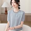Estilo Ocidental Mãe Verão Manga Curta Camisa Seda Gelo Meia-idade e Idosa Verão Novo Estilo Blusa Feminina Fina Gola Redonda Solta