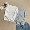 Camiseta de Algodón Transpirable con Copos de Nieve y Pony Metálico de Manga Corta Estilo Coreano de Verano para Mujer Top Pulóver Redondo Adelgazante para Hombro Derecho para Mujer