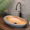 Bacia de Bancada Retrô Lavatório Artístico com Textura de Madeira Falsa Lavatório Oval Grande Criativo Lavatório para Varanda de Pousada