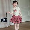 Vestido de Verão para Meninas Vestido 2025 Novo Crianças Meninas Verão Estilo College Manga Curta Vestido Xadrez Conjunto de Duas Peças