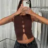 Top sin mangas tipo halter de diseño de nicho estilo francés con lazo en el pecho, detalles de corte, corte ajustado, largo corto, ombligo al descubierto y espalda abotonada para mujer