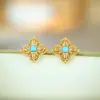 Anillo de Plata 925 Chapado en Oro Turquesa Pendientes Conjunto de Cruz Estilo Palacio Nicho Exquisito Lujo Accesible Sentido de Alta Gama